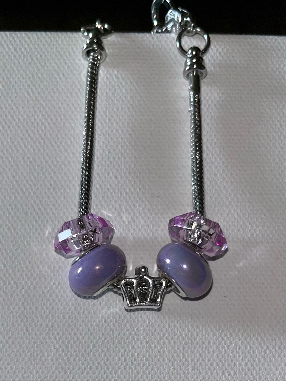 Silver Snake Chain Charm Bracelet w/Purple Glass Beads & Crown Charm